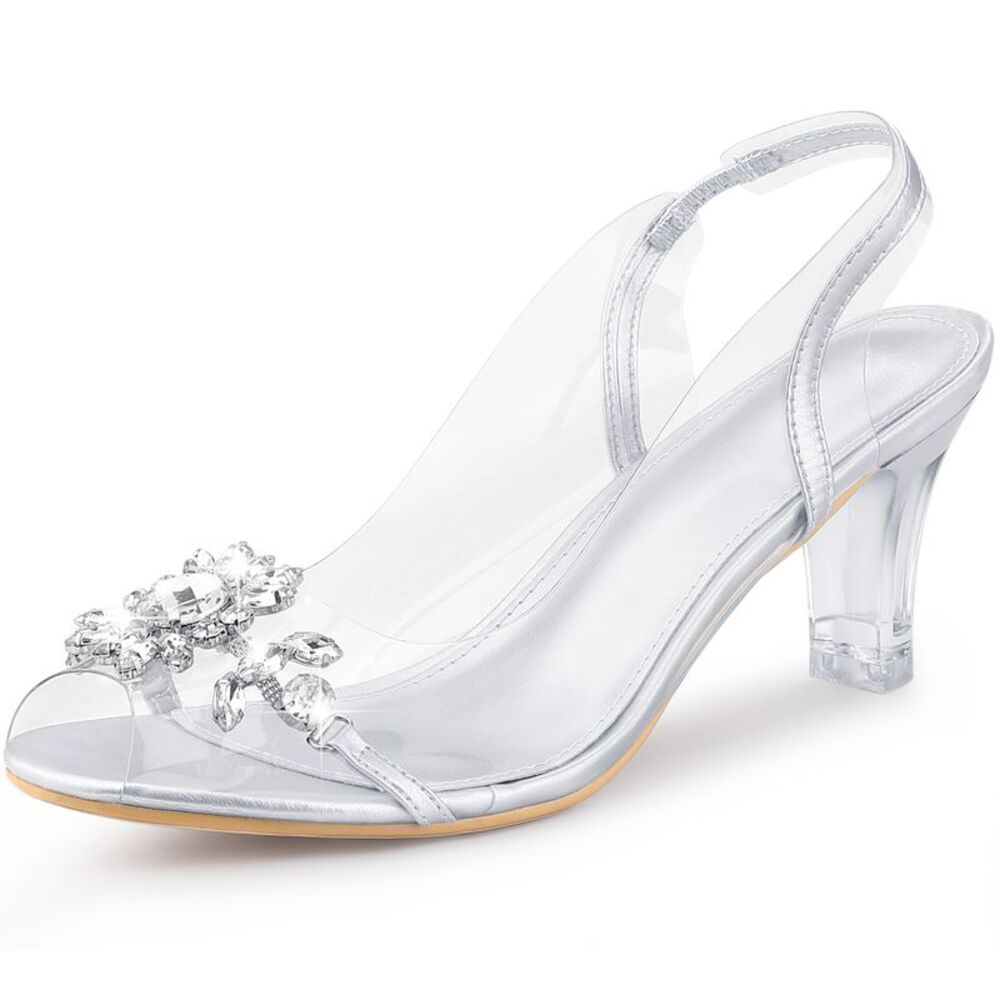 Peep Toe Flower Rhinestone Slingback Clear Chunky Heels Sandals Silver